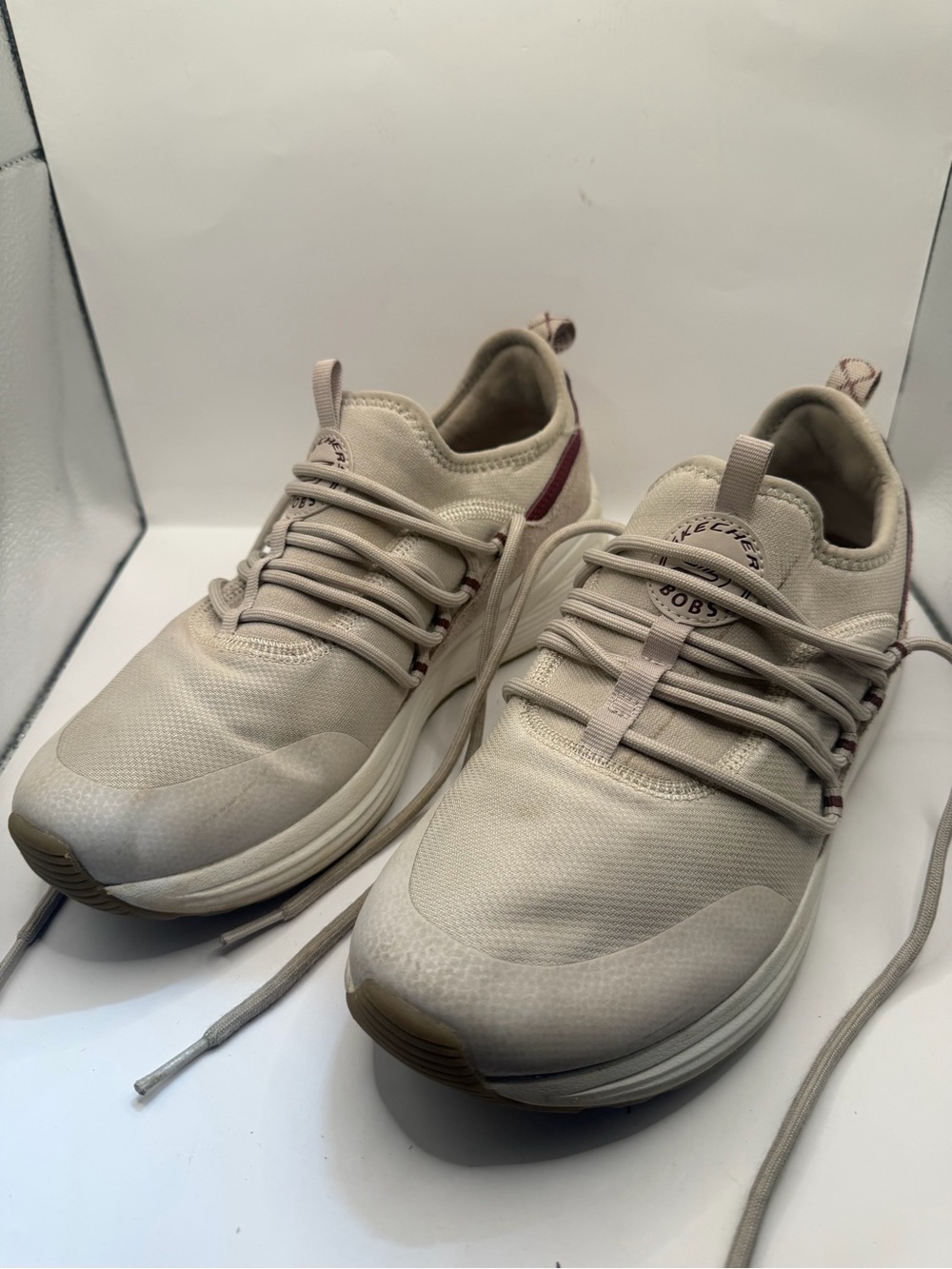 Skechers BOBS Sport Memory Foam Sneakers Cream Burgundy Women’s 11